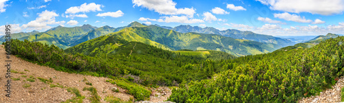 The main ridge of the Western Tatras (on the border of Poland and Slovakia) seen from the peak of Grześ or Lúčna. From the right: Banikov, Tri kopy, Plačlivý Roháč, Wołowiec, Łopata, Jarząbczy Wierch