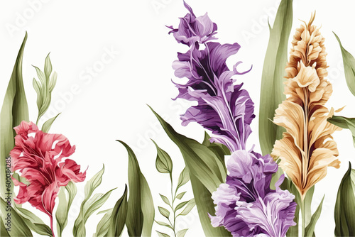 Foto Summer watercolor flowers, banner with gladiolus