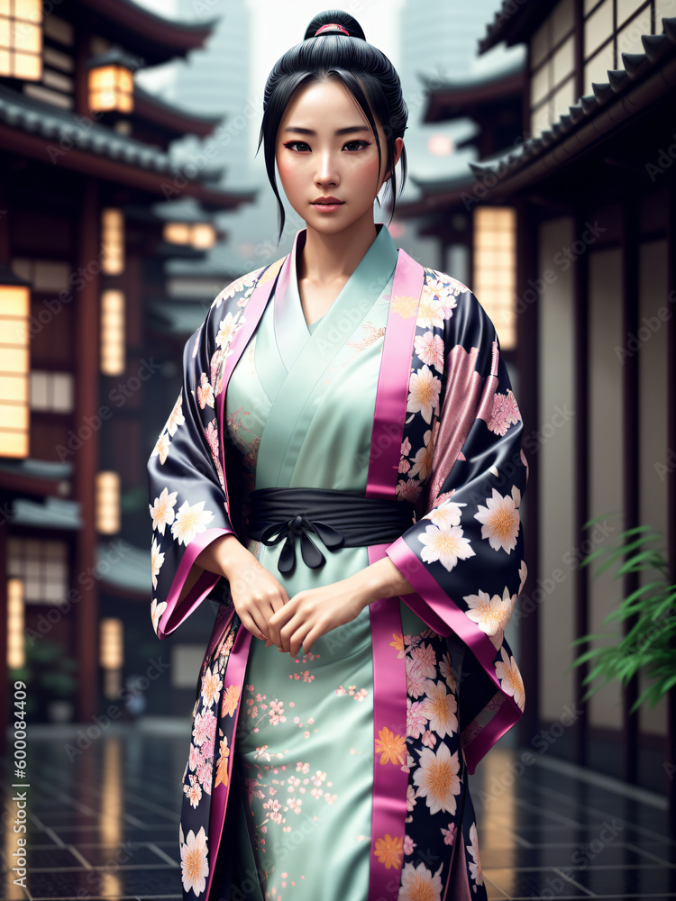 Sexy ninja woman in kimono in the city. Japanese girl in traditional dress in the big city. Generative AI.