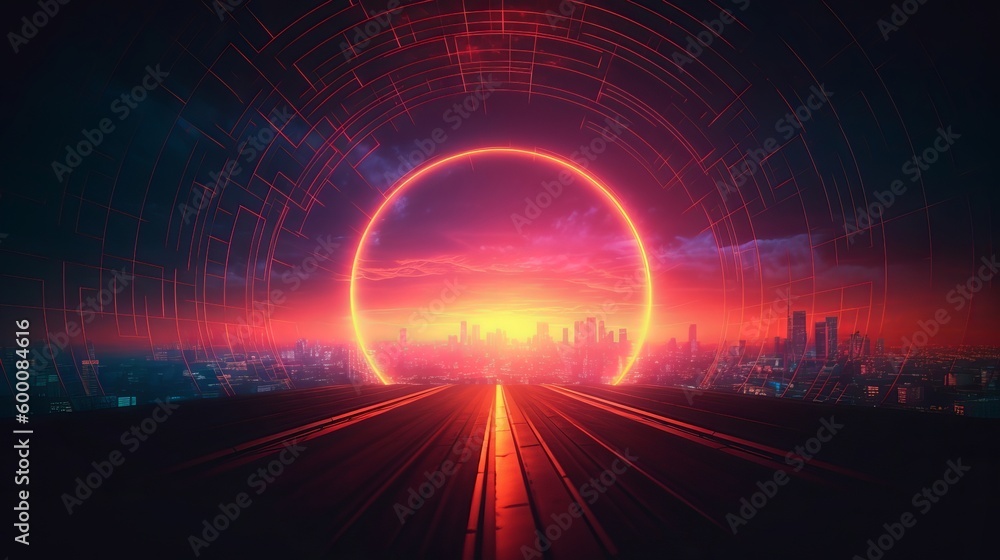 Obraz premium Hypothetical foundation with neon circle inner parts the center with sunrisesunset sun. AI Generated