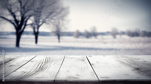 Empty old wooden table with winter background © Piotr Krzeslak