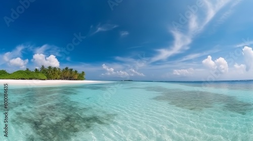 tropical Maldives island with white sandy shoreline and ocean. palm. AI Generated © Denys