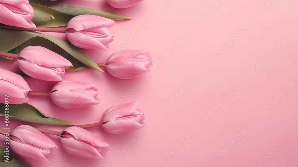 Fototapeta premium Spring tulip makes on pink foundation best see in level lay organize. AI Generated
