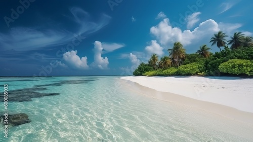 tropical Maldives island with white sandy shoreline and ocean. palm. AI Generated