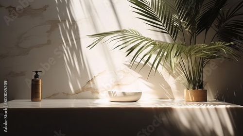 Obliged beige cotton tablecloth on counter table, tropical dracaena tree in sunshine on white divider establishment. AI Generated