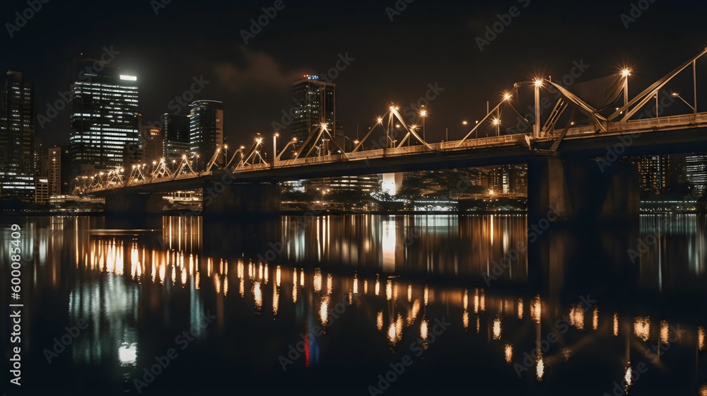 night view of the bridge with a city skyline