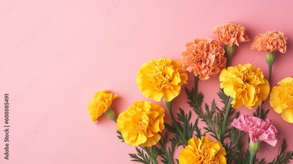 Spring marigold makes on pink pastel establishment beat see in level lay organize. AI Generated Spring marigold makes on pink pastel establishment beat see in level lay organize. AI Generated