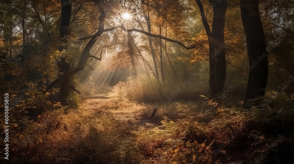 Naklejka premium Disorienting scene of an collect time timberland with sunrays entering through the branches. AI Generated