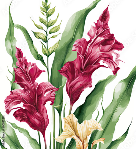 Summer watercolor flowers, banner with gladiolus