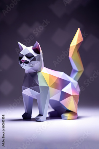 Cat origami made of shiny purple and neon rainbow colored glossy material.  Generative AI.