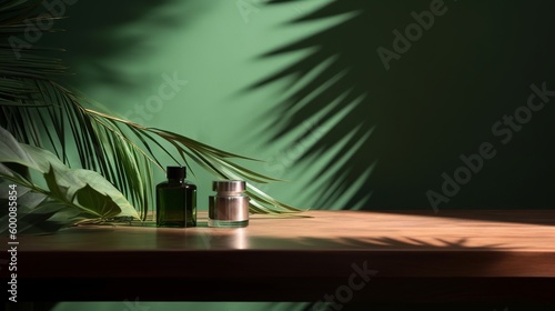 Cleanse wooden table counter with tropical palm tree in dappled daylight. AI Generated photo
