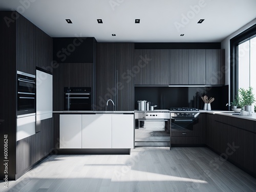 ultra photorealistic modern wood black and white kitchen