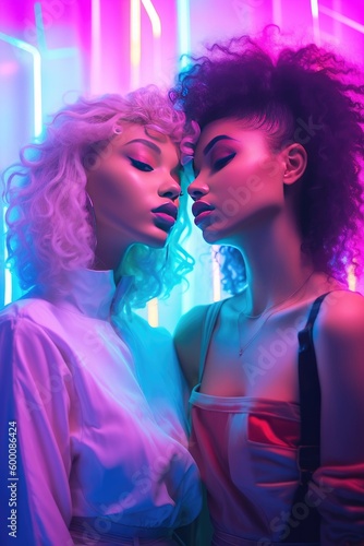 Two afro-american young happy smiling girls posing under the neon rainbow colored lights. Might be lgbt gay couple. Generative AI.