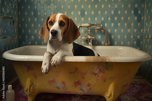 Dog taking a bubble bath in grooming salon. Generative ai.