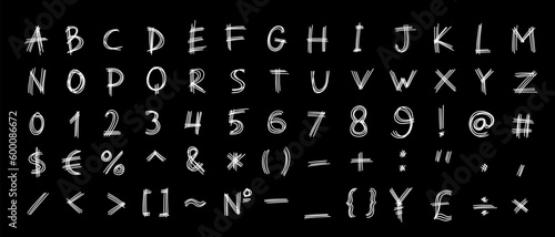 Irregular shapes white english latin abc alphabet font with digits and symbols handwritten A to Z, 0 to 9 set. Vector illustration in doodle style isolated on black background. For decorating, logo.