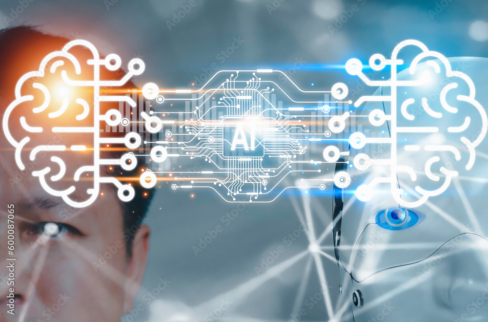 Human head and artificial intelligence brain, AI technology, knowledge transfer concept. Intelligence to robot. Human head and artificial intelligence brain, AI technology, knowledge transfer concept. Intelligence to robot.