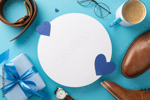 Trendy Father's Day concept. Flat lay of round postcard, ribbon-wrapped gift box, dress shoes, hearts, wristwatch, accessories, belt, eyeglasses, coffee cup on blue surface with empty circle for text