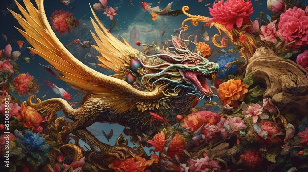 Golden dragon with flowers background Generative ai Golden dragon with flowers background Generative ai