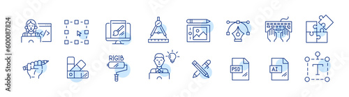 Graphic designer and website builder jobs. Coding, drawing, color picking. Pixel perfect, editable stroke line icons set