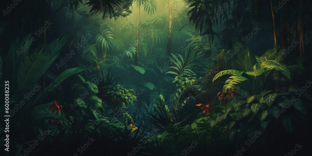 Deep tropical jungles. Dense forest landscape. Generative AI