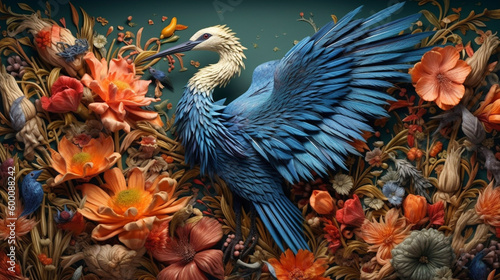 Blue crane with flowery background Generative ai
