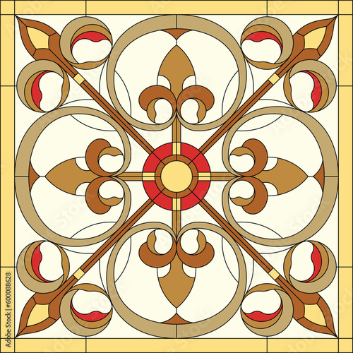 Abstract flower in square frame, geometric ornate pattern tile. Window on the ceiling in square frame, symmetric composition, yellow and biege color. Stained glass window. Mosaic floor. Vector 