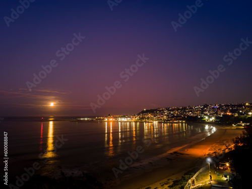 Full moon Sunset, Mosselbay Harbour Wall, City Lights reflection, Santos Holliday Beach 