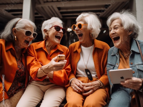 Modern Aging. A candid shot of a group of senior women laughing and enjoying each other's company. Generative AI