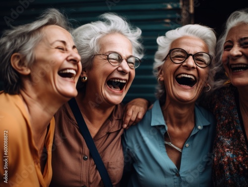 Modern Aging.  A candid shot of a group of senior women laughing and enjoying each other's company. Generative AI © Matyfiz