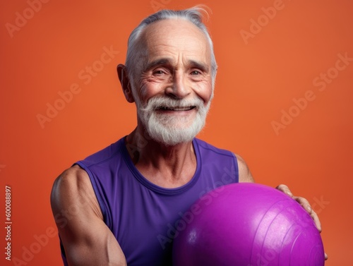 Modern Aging. An energetic image of a smiling elderly gentleman in athletic attire doing stretching exercises on a bright gradient background. Generative AI © Matyfiz