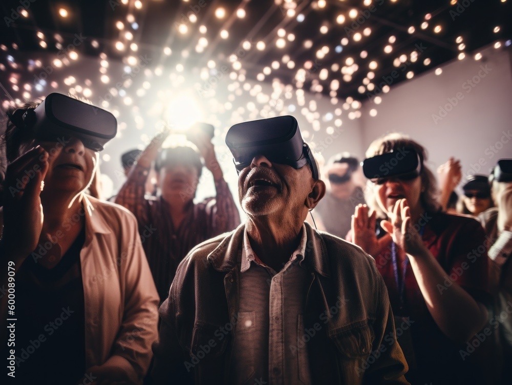Modern Aging. Candid shot of a group of senior citizens using VR headsets to experience a virtual world. Generative AI - obrazy, fototapety, plakaty 