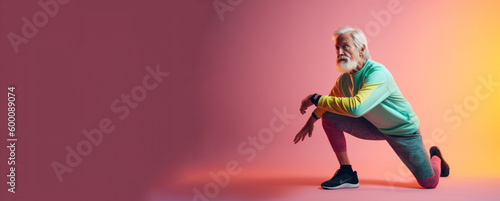 Modern Aging. An energetic image of a smiling elderly gentleman in athletic attire doing stretching exercises on a bright gradient background. Generative AI © Matyfiz