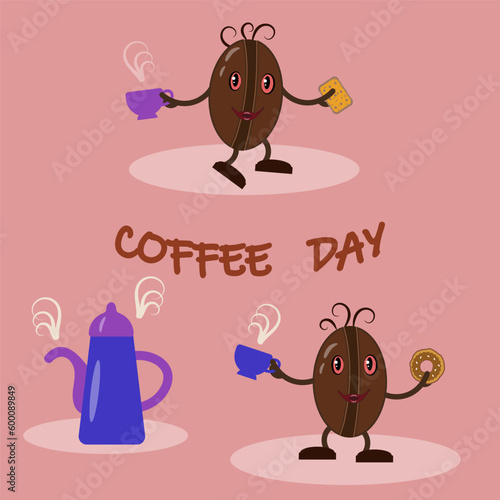 Coffee bean characters with cups and a coffeepot