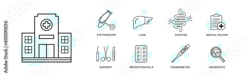 Set of icons for healthcare and medicine. Hospital icons, outline symbols or signs isolated on white background. Minimal linear vector illustration