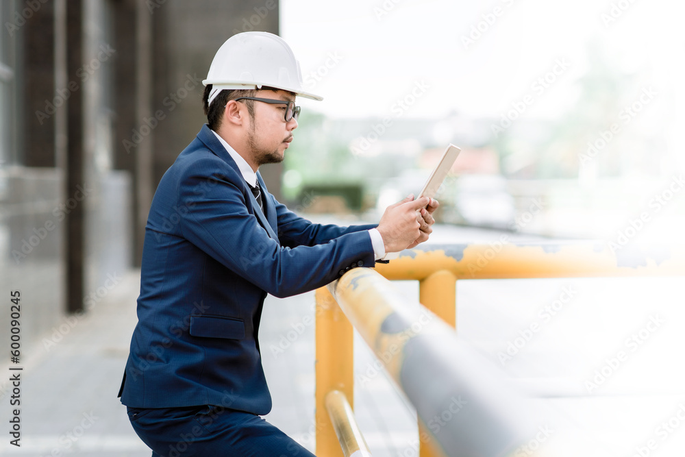 Project manager standing at construction building site with Ipad for checking work construction to success. Real estate building project with civil engineer. Project manager standing at construction building site with Ipad for checking work construction to success. Real estate building project with civil engineer.