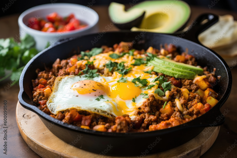 Bison and chorizo breakfast skillet. Generative AI Bison and chorizo breakfast skillet. Generative AI