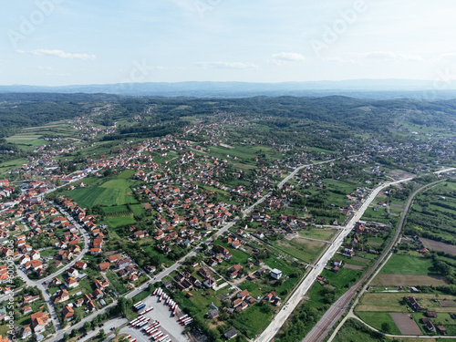 Lazarevac, Kolubara district of Serbia. Drone view of the city on a sunny day