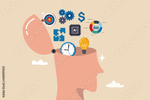 Learn new skills, knowledge or ability to work achieve success, new idea, training or study new skills, upskill or smart thinking, human head brain with skills symbol, creativity, time management. photo
