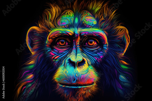 Amazing psychedelic neon golden monkey. Generative AI