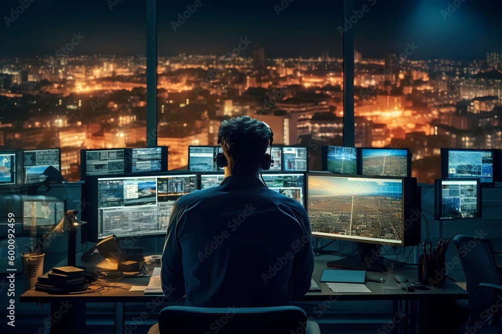 Military Surveillance Officer Working on a City Tracking Operation in a Central Office Hub for Cyber Control and Monitoring for Managing National Security. Created with Generative AI technology