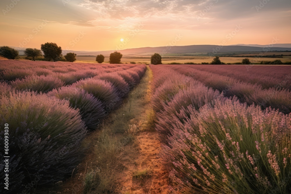 A lavender farm under the blush of the afternoon sun. Capture fields of purple lavender blossoms stretching into the distance under big blue Tuscan skies. Generative AI