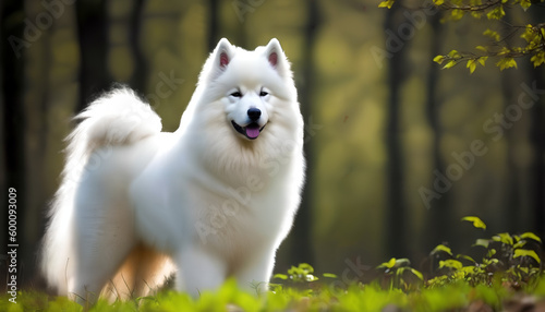 Samoyed dog on the grass, white dog on grass
