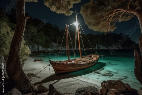 An old wooden sailboat being hauled up onto the shores of a secluded island beach. Rustic boat against a backdrop of turquoise coves  pine trees and clear night sky. Generative AI