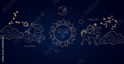 Magic astrology sky with Zodiac constellations, crescent moon, sun and stars.