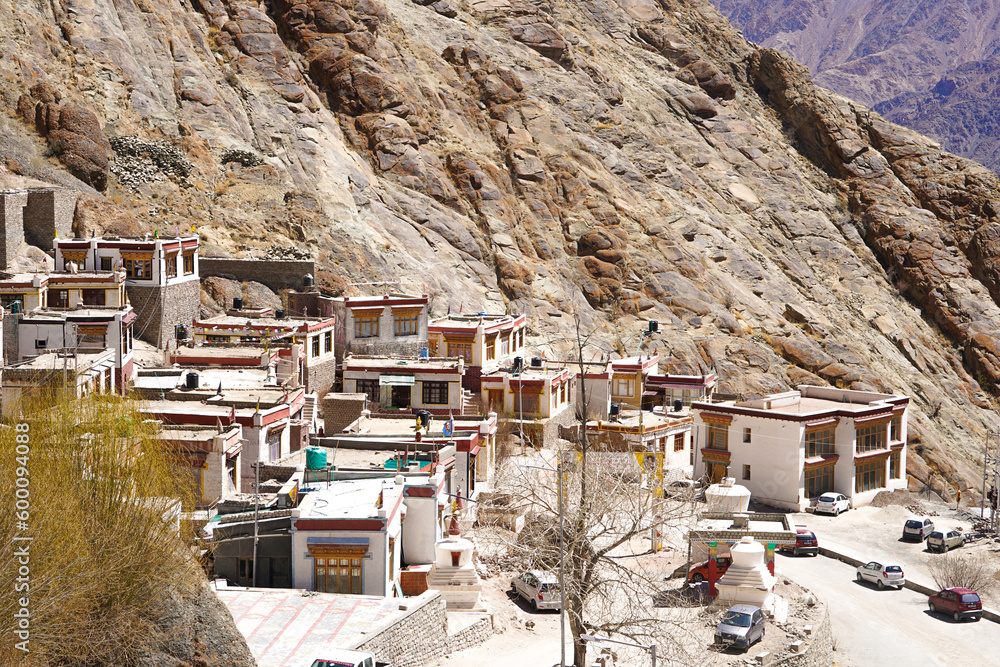 Houses built in the Himalaya mountain, where the monks live in Hemis Monastery, Ladakh scenery, india - obrazy, fototapety, plakaty 