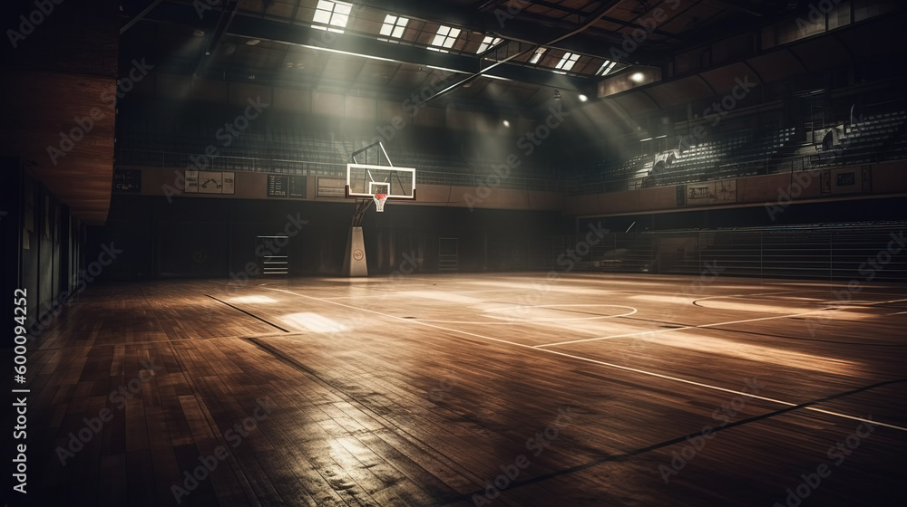 Empty Basketball Court - Darkness with Sunlight Through Windows - Generative AI - obrazy, fototapety, plakaty 