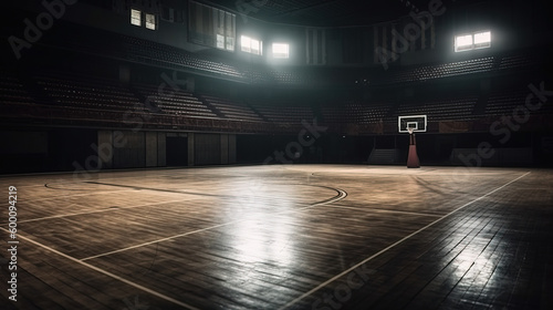 Empty Basketball Court - Darkness with Sunlight Through Windows - Generative AI