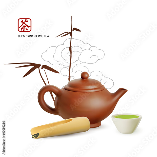 3D teapot and tea cup with scoop and bamboo on white background. Chinese tea ceremony.