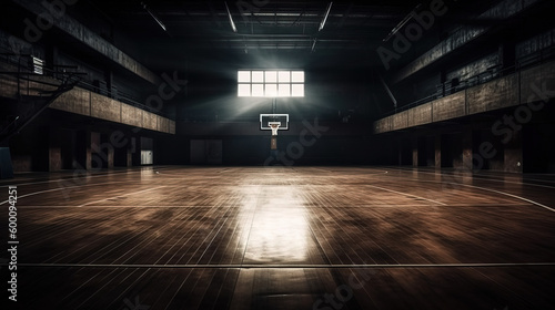 Empty Basketball Court - Darkness with Sunlight Through Windows - Generative AI