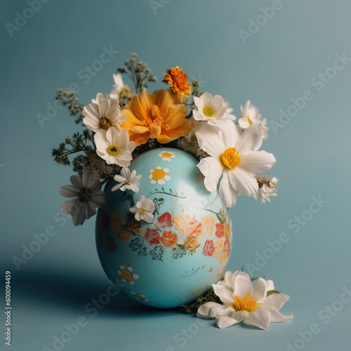 Easter Egg Decorated with Flowers - Blue Background - Generative AI